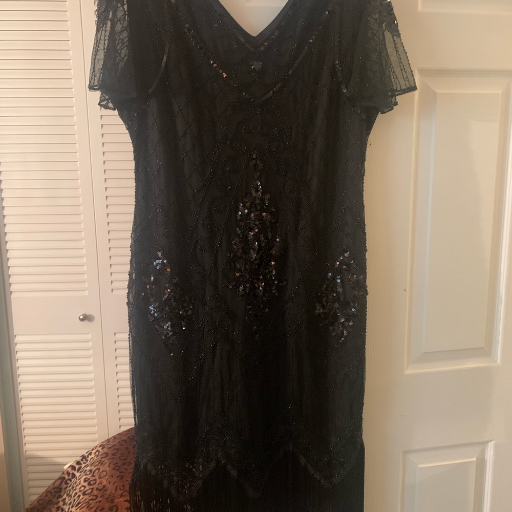 BLACK SEQUIN BEADED FRINFGED DRESS, SIZE M/L,  NEW IN PACKAGING.